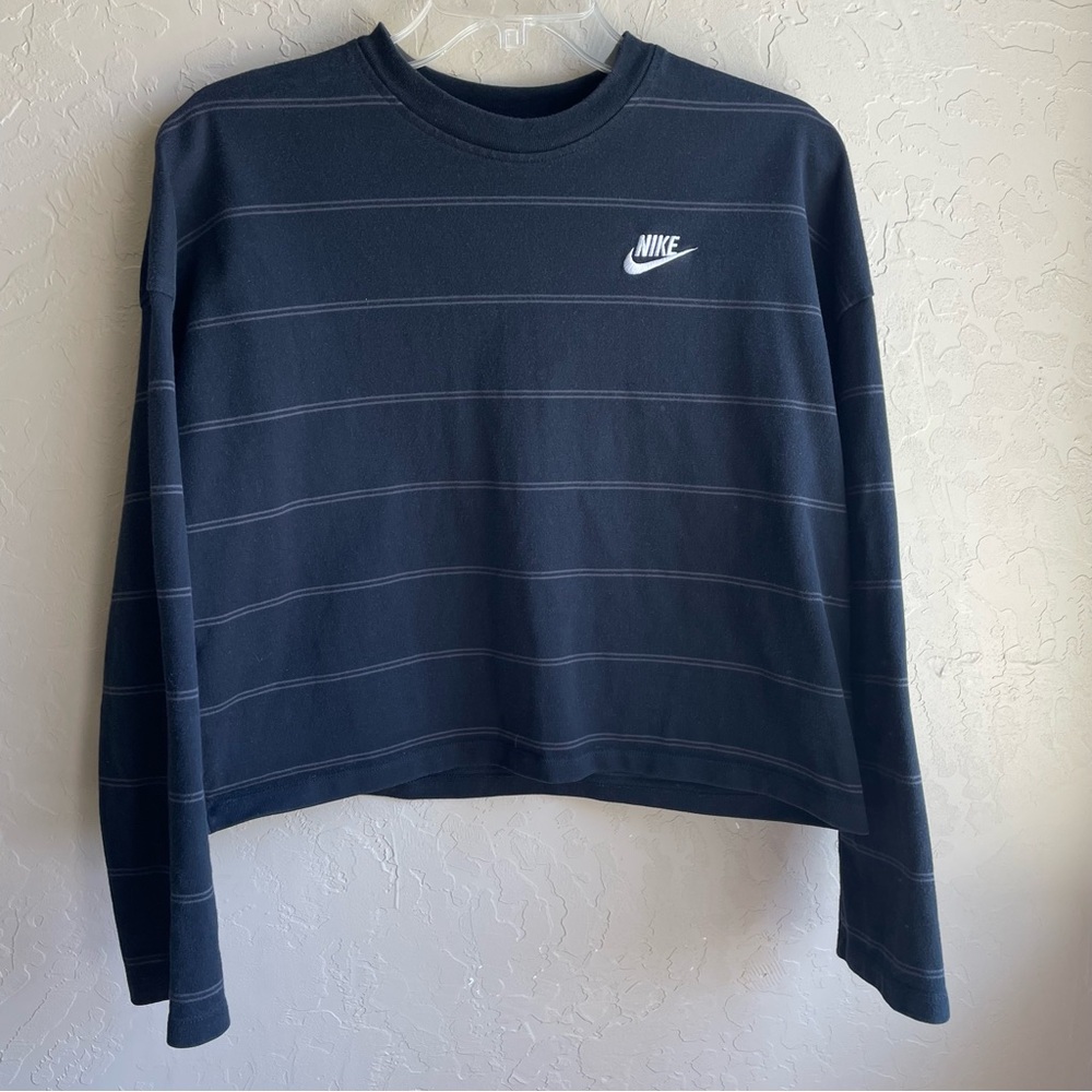 NIKE long sleeve thick cotton womens crop top black/gray horizontal stripe small - Picture 2 of 9